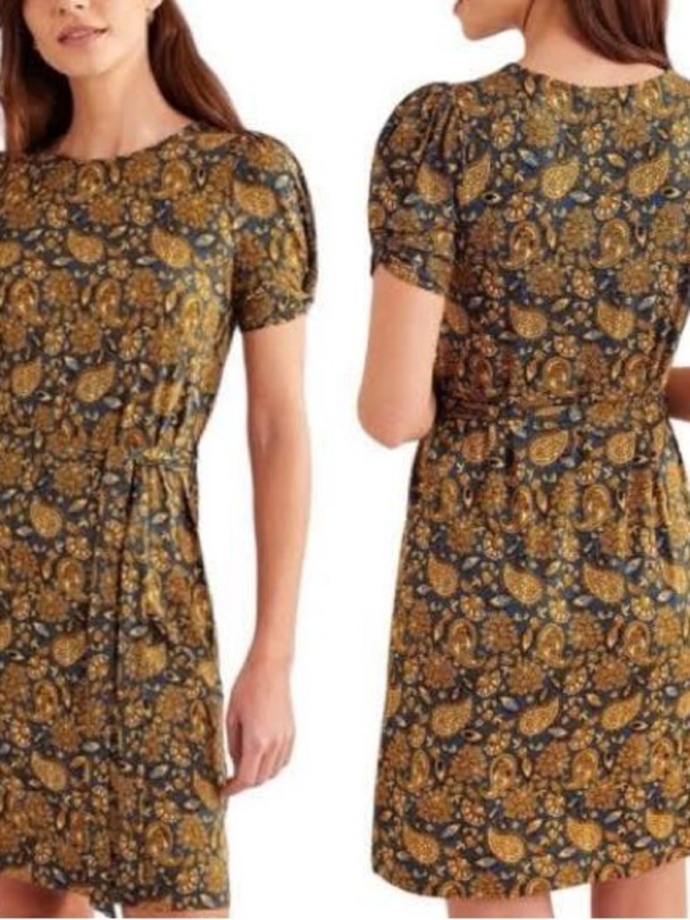 Boden Paisley Terrace Jersey Knit Tie Waist Mini Dress Harvest Gold Size 4R NWOT